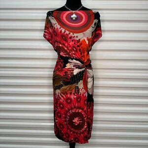 DESIGUAL Black & Red Hibiscus Abstract Off the Shoulder/Cowl Neck Midi Dress
